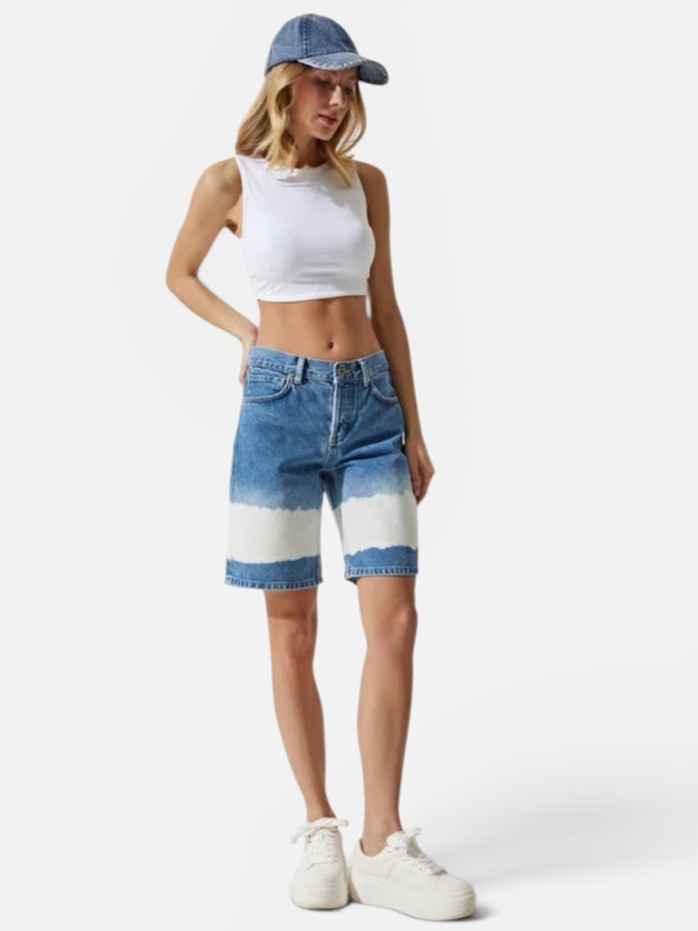 Mango Two-Tone Blue and White Denim Bermuda Shorts